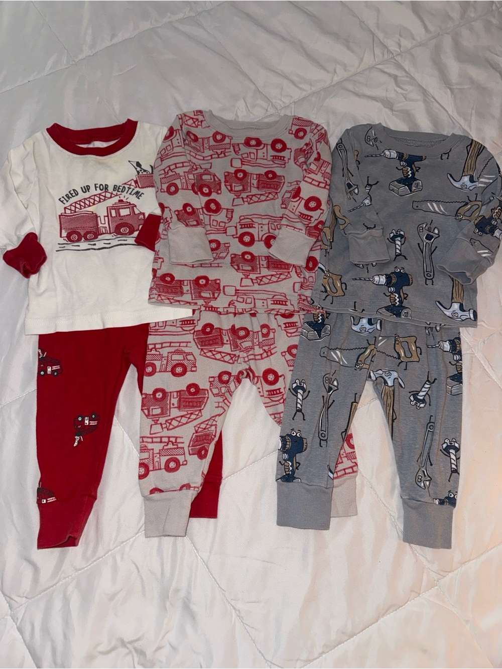 Carter's Boys Fire Truck & Tool 3-Pack Pajama Sets - Red, Gray, White